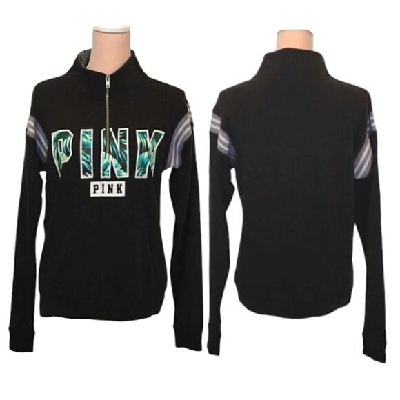 PINK VS Y2K Black Green Tropical Logo Quarter Zip Pullover Sweatshirt Small - Picture 4 of 14